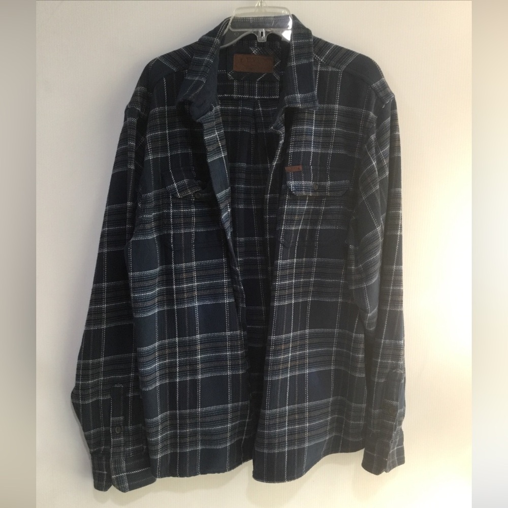 Orvis Shirt Jacket Mens 2XL Blue Flannel Plaid Shacket Heavyweight Leather Tags